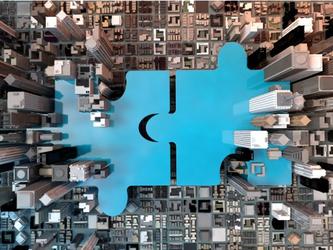 Giant jigsaw in a city's financial district